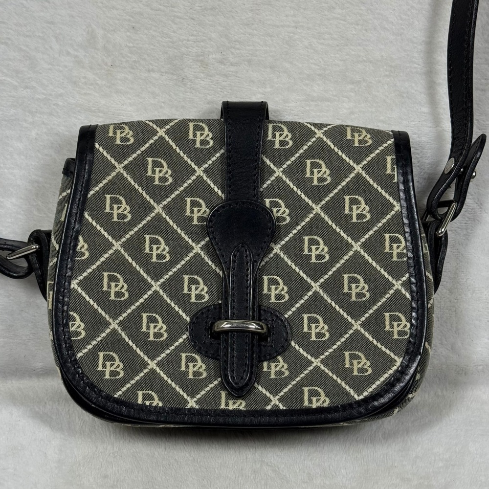 Dooney & Bourke Monogram Canvas Leather Crossbody Saddle Bag Gray Black 6096
